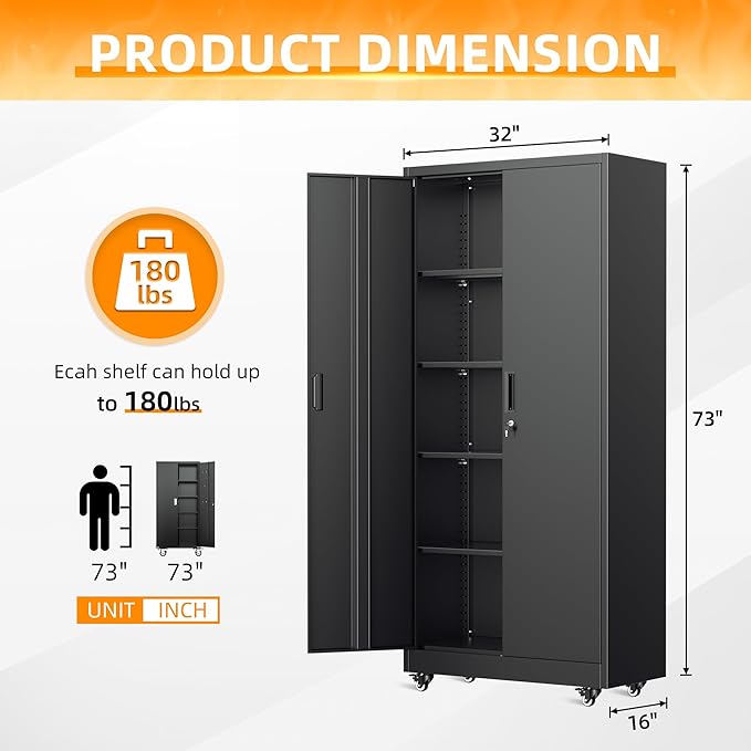 INTERGREAT Metal Storage Cabinet with Wheels, 72" Garage Storage Cabinets with Door and 4 Shelves, Tool Storage Locker on Caster for Home, Office, Black