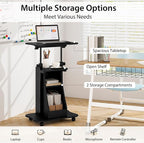 Tangkula Mobile Lectern Podium, Height Adjustable Podium Stand, Standing Sit-to-Stand Desk, Rolling Cart Laptop Desk with Swivel Top Movable Wheels & Storage