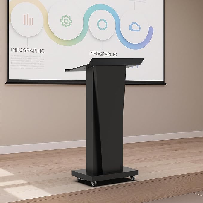 Tredre Metal Podium Stand with Wheels, Heavy-Duty Rolling Lectern for Classroom, Church & Office Presentations, Large Top, Locking Casters, Stable Base