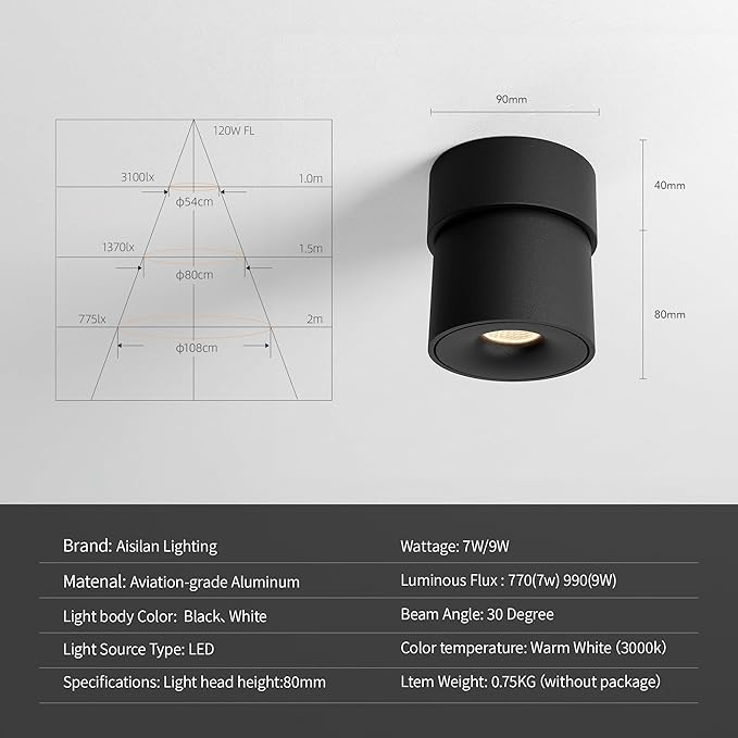 Aisilan LED Ceiling Spot Light Indoor Dimmable 2 Pack, 7W Black Directional Accent Light, Adjustable Modern Spotlight Flush Mount, Warm White CRI 97, for Living Room Bedroom
