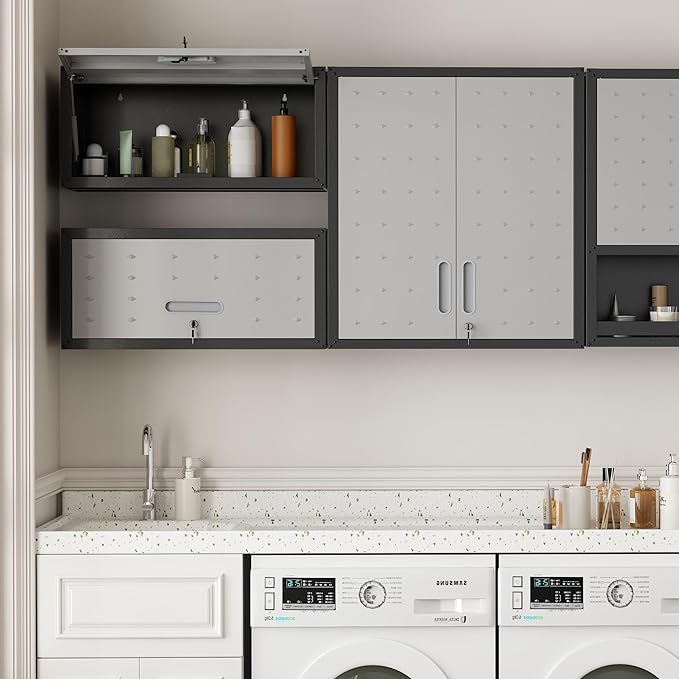 Garage Wall Cabinet Metal Storage Cabinet with Lock Wall Mounted Heavy Duty Steel Tool Cabinet with 2 Doors Hanging Cabinet for Garage Warehouse Bathroom Kitchen,Assembly Required