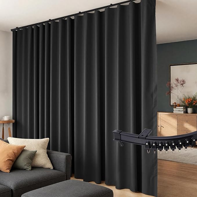 Room Divider Curtains Flexible Ceiling Tracks Set Curtain Track Ceiling Mount Blackout Curtain for Living Room Bedroom Ceiling Curtain Rod Privacy Dividers Panels W150 x H120 Black Drape & Black Rail