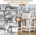 Lerliuo Large Printer Stand with Storage, 23.6"W x 18.9"D x 30.2"H, 5-Adjustable Shelf Heights Mobile 3 Tier Table with Lockable Wheels, Industrial Rolling Printer Cart, White Stands for Home Office