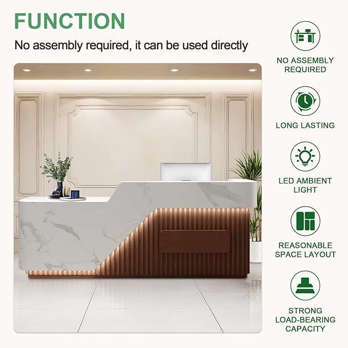 Modern Reception Desk with Counter Front Reception Table with Hidden LED Lighting Commercial Receptionist Desk White and Brown Checkout Counter Fully Assembled and Ready to Use 102inch/260cm