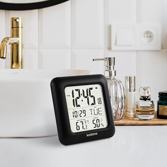 KADAMS Bathroom Clock 9.5" Kitchen Wall Clock with Large LCD Screen – Shower Clock with Suction Cup,Temperature, Humidity, Calendar – Water-Resistant, 4 Mounting Options, Black