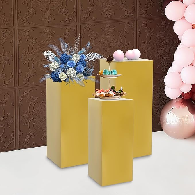 Eapmic Pedestal Stands for Party, Cake Pedestal Stand, Dessert Table Display Plinth Pillars, Sculpture Display Column Decoration Cube for Wedding Birthday (Gold, Square-3Pcs(31.49"+25.59"+23.62"))