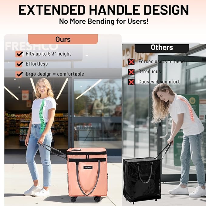 (Medium) Fanwoli Reusable Grocery Bag on Wheels with Upgraded Wrinkle-Resistant Fabric | Enhanced Stability Wheels & Extended Handle | Foldable Shopping Trolley for Laundry, Carries Up to 66 L