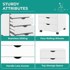 Naomi Home Taylor 5 Drawer Chest, Wood Storage Dresser Cabinet with Wheels, Craft Storage Organization, Makeup Drawer Unit for Closet, Office File Cabinet 180 lbs Total Capacity - White