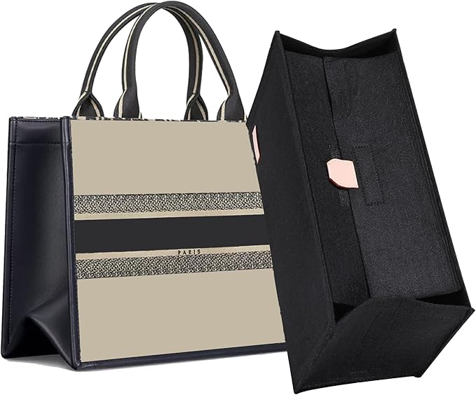 Doxo Purse Organizer Insert, Felt Bag Organizer Insert with Zipper, Tote Organizer Perfect for Lv Onthego MM & D Book Tote Medium (Black-With Cover)