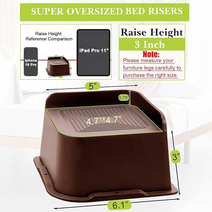 Bed Risers 1 inch, 2 inch, 3 inch, 4 inch, 6 inch, 8 inch Heavy Duty, Oversized Furniture Riser for Couch Sofa Table Chair Leg Frame Dorm, Support up to 6000 Lbs (Chocolat Brown 6 Pack, 3 inch)
