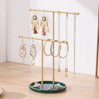 Gold Jewelry Holder Stand with Ceramic Tray: Small Hanging Necklace Organizer Tree for Earrings, Bracelets, Rings – Jewelry Display Hanger for Women & Girls, Green