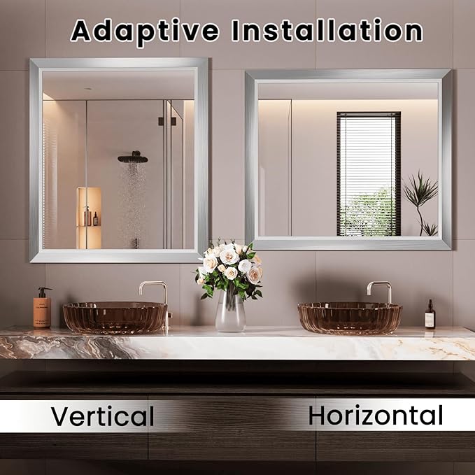 Amorho Bathroom Mirror, 40x38 Inch Silver Thick Metal Framed Wall Mirrors for Over Sink, Brushed Nickel Mirror Perfect for Bedroom, Living Room, Entryway, Rectangle (Horizontal/Vertical).