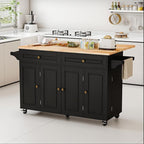 59’’ Rolling Kitchen Island Cart with Drop Leaf and Power Outlet, Movable Kitchen Islands with 3-Tier Door Storage Shelf, Island Table on Wheels, 2 Large Drawers, Towel Racks, Black