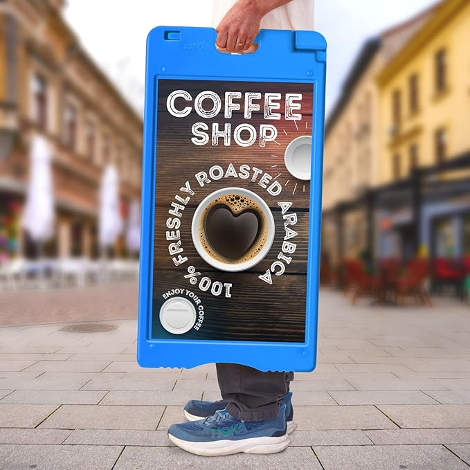 Jumbl A-Frame Signboard 15.7” x 26” Display Surface – Small Outdoor Sandwich Board w/Weather Resistant PVC Sign Protector & Sand Fill Holes – Dual Signage Stand for Storefront Sidewalk Curb (Blue)