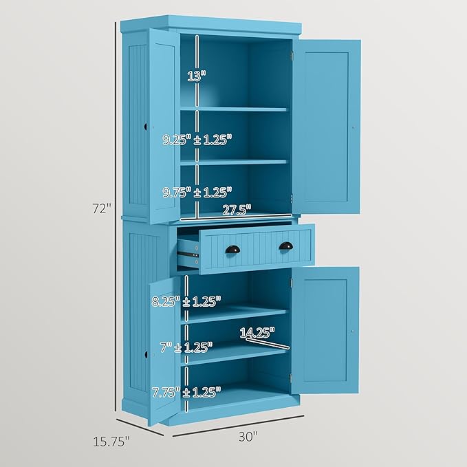 HOMCOM 72" Traditional Kitchen Pantry Cabinet, Freestanding Tall Storage Cabinet with 4 Doors, Drawer and 3 Adjustable Shelves for Dining Room, Dark Blue