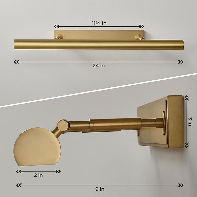 Picture Light, 24 inch Brass Picture Lights for Wall,Hardwired Brushed Gold Picture Lights,270° Rotatable Art Lights, 4-Light Picture Frame Light for Painting Display Artwork Portrait No Bulbs