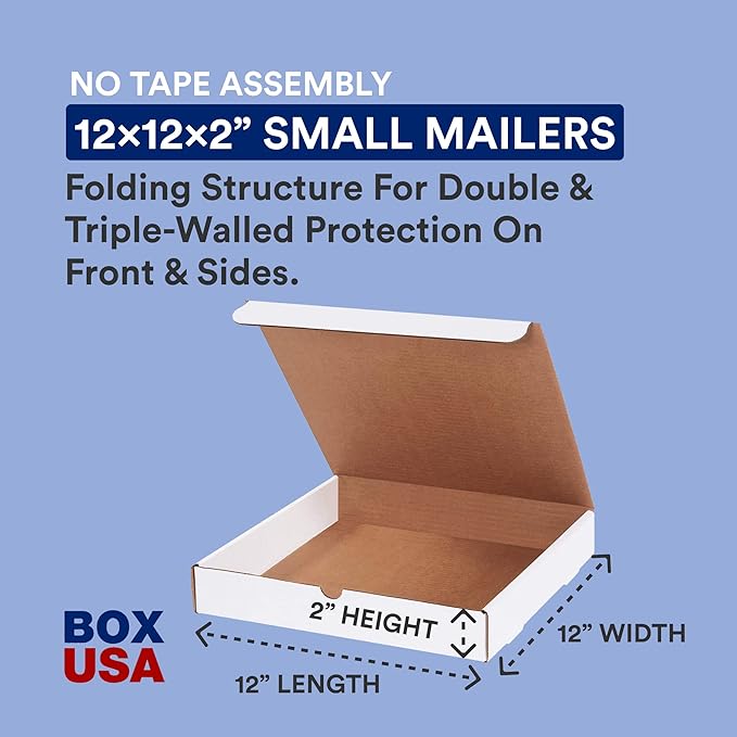 BOX USA Shipping Boxes Small 12"L x 12"W x 2"H, 50-Pack | Corrugated Cardboard Box Mailer for Packing, Moving and Storage 12122