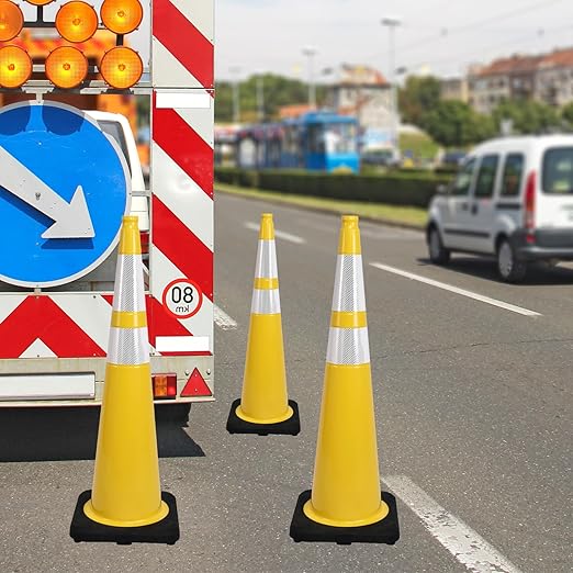 4 Pack 36 Inch Yellow PVC Safety Cones with Black Base, Extra Tall Traffic Cones for Road Construction, Garage Entrance, Outdoor Events (4, Yellow, 36 Inch)