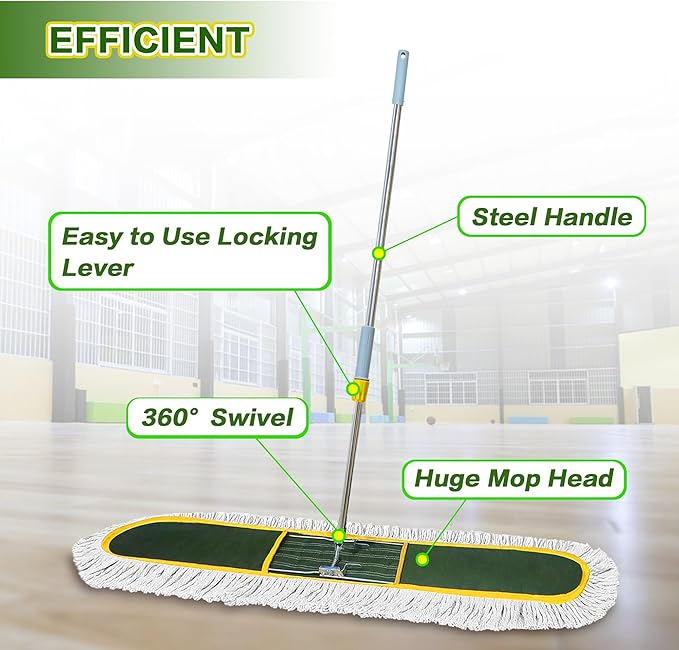48-Inch Commercial Dust Mop for Hardwood Floors, Large Dry Mop with Reusable Cotton Yarn Head, Telescopic Stainless Steel Handle - Ideal for Industrial Floor Cleaning, Marble, Laminate