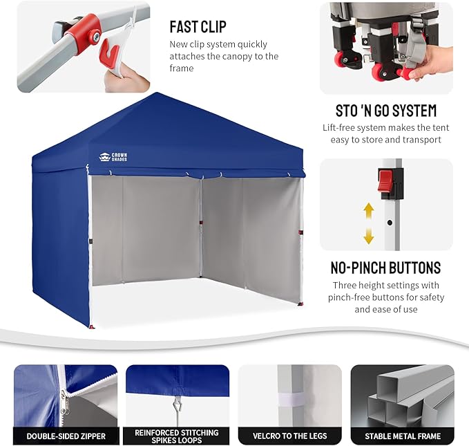 CROWN SHADES 10X10 Comercial Instant Canopy Pop Up Tent with Center Lock, 300D Fabric, 4 Sidewalls, Sto'N Go Bag, Navy Blue