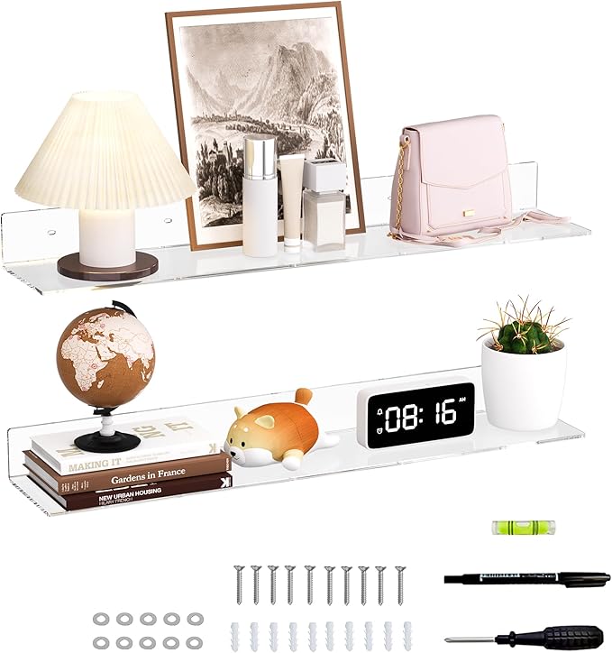 30 Inches Clear Long Floating Shelves for Wall, Acrylic Wall Shelf for Plants, Radio, Funko Pop, Books, Picture Frame, Clock, Cosmetics, Toiletries, 2 Pack(30 Inch)