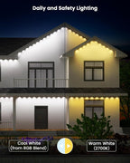 Gefolly Permanent Outdoor Lights Pro, 100ft with 60 RGBW Double-LED Lights 111 Scene Modes for Daily, Halloween, Christmas, IP67 Waterproof for Outdoor Decor, Works with Alexa, Google Assistant, White