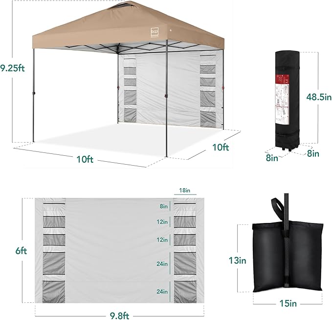 Best Choice Products 10x10ft Easy Pop Up Canopy w/Side Wall, 10 Pockets, Portable Carrying Case, 1-Button Setup, 4 Weight Bags - Tan