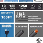 100 ft Outdoor Extension Cord, 16/3 SJTW Black Extension Cord 100 Foot 3 Prong, Weatherproof Exterior Power Cable for Outside Lights & Lawn, UL Certified - US Veteran Owned