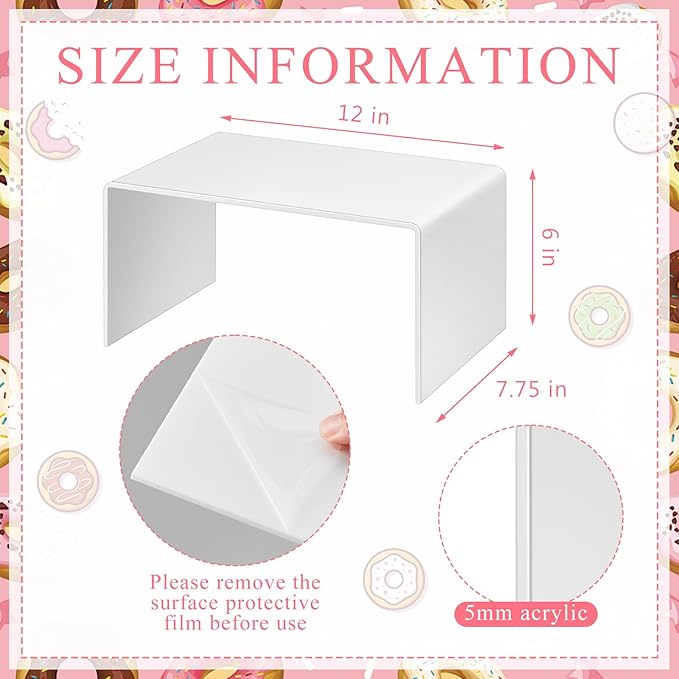 2 Pcs 12 Inch Large Acrylic Risers Display Stands 5 mm Thick Acrylic Shelf Riser Showcase for Collectibles Jewelry Cupcakes Food Figures Perfume Cabinet (White)