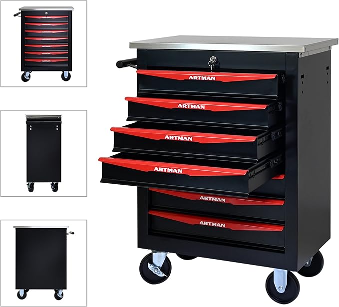 7 Drawer Rolling Tool Chest with Locker, 22.2" D Metal Movable Lockable Tool Cart Box Multi-Functional Hardware Storage Cabinet Box for Warehouse Basement Home Pantry Garage