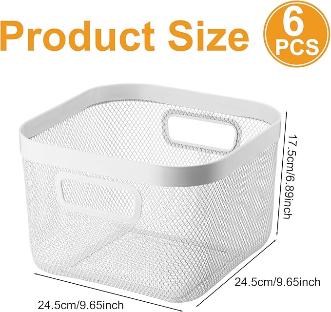 6 Pack Metal Mesh Basket with Hollow Handles White Wire Storage Bin for Organizing Stackable Metal Fine Mesh Basket for Pantry Bathroom Kitchen Cabinets Shelves