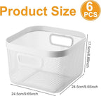 6 Pack Metal Mesh Basket with Hollow Handles White Wire Storage Bin for Organizing Stackable Metal Fine Mesh Basket for Pantry Bathroom Kitchen Cabinets Shelves