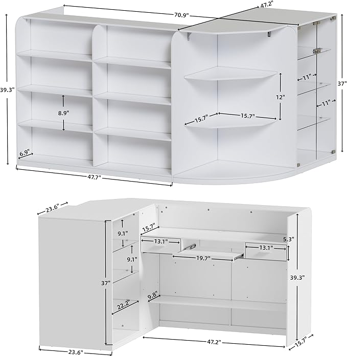 PAKASEPT Reception Desk with Counter for Retail & Checkout,Modern Front Reception Counter with Drawers & Open Shelves,L-Shaped Retail Counter with Storage for Countertop,Beauty Salon,Shop,Bar,White