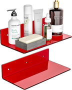 12 Inches Red Small Wall Shelves, Acrylic Bathroom Floating Shelves for Living Room, Bathroom, Bedroom, 2 Pack