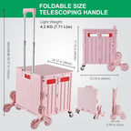 Foldable Utility Cart with Stair Climbing Wheels, Collapsible Rolling Crate with Telescoping Handle, Folding Shopping Trolley Handcart Grocery Book File Tool Teacher Storage Basket (Pink)