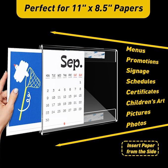 KSacry 6 Pcs Acrylic Sign Holder 11 x 8.5, Horizontal Wall Mount Sign Holders with 3M Adhesive, Clear Plastic Frames Paper Display Sign Holders for Office, Home, Store, Restaurant - No Drilling