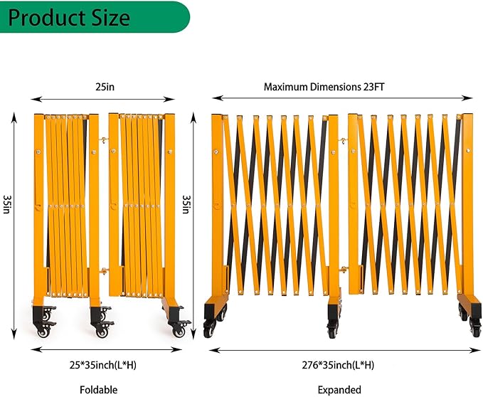 23FT Industrial Expandable Barricade Folding Security Gate with Wheels,Retractable Driveway Gate with Aluminum Fence