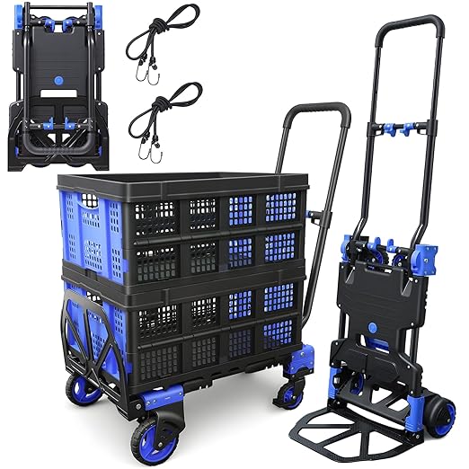 2 in 1 Folding Hand Truck with 2 Folding Basket,330lbs Capacity Heavy Duty Hand Truck,with Telescoping Handle and Rubber Wheels,Portable Dolly Cart with Bungee Cords for Moving,Travel,Shopping