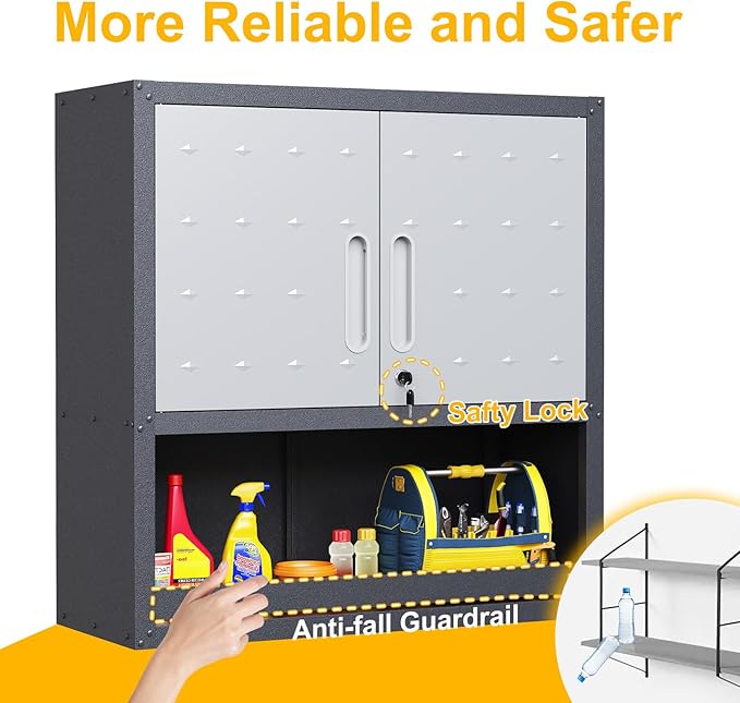 Wall Mounted Cabinet with Locking Doors, Open Shelf, Metal Hanging Garage Storage Cabinet, Adjustable Floating Upper Tool Cabinets for Shop, Kitchen, Bathroom (Grey, 30''W x 12''D x 30''H)