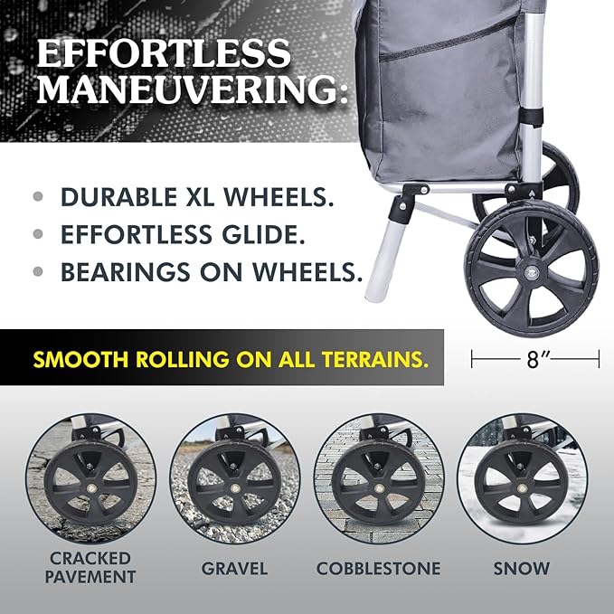 Ultra-Lightweight Gray Foldable Shopping Cart for Groceries Large 42L Capacity Rubber Wheels, Removable Insulated Bag Liner, Durable Aluminum Frame, Multi-Function Personal Hand Truck
