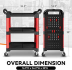 Auto Dynasty 3-Level Rolling Cart Trolley Storage Detailing Cart with Pegboard 120 kg/260 Lbs Capacity on Wheels Fits Garage, Warehouse, and Workshop Use, Black/Red