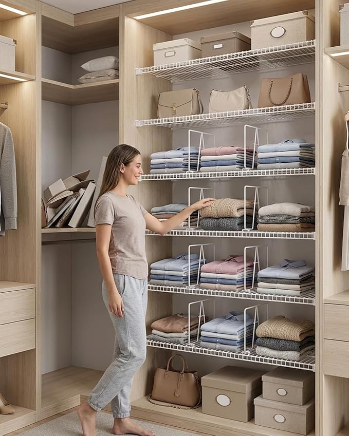 8 Pack Wire Shelf Dividers for Closet, Solid Coated Metal Closet Dividers for Closet Organization, Easy Install Closet Shelf Divider for 12'' Tall x 12'' Deep Wire Shelves and Storage, White