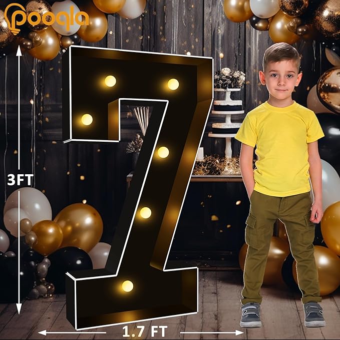 Pooqla 3FT Marquee Light Up Numbers, Black Lighted Party Decor for her him Women Men, Giant Mosaic Light Up Numbers for 7th 17th 70th Birthday Anniversary Decoration, Number 7