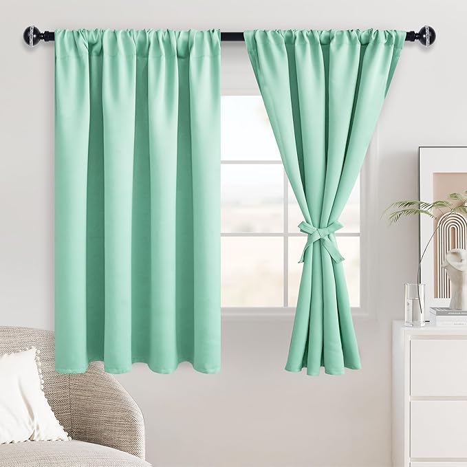 JIUZHEN Blackout Curtains for Bedroom - Thermal Insulated Noise Reducing Privacy Short Curtain for Living Room, Set of 2 Panels with Tiebacks, 42 x 45 inches Long,Mint Green