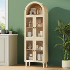 71” Tall Arched Pantry Cabinet with Glass Door, Display Cabinet Organizer, Versatile Pantry with Top-Opening Storage Container for Living, Kitchen Dining Room, Natural
