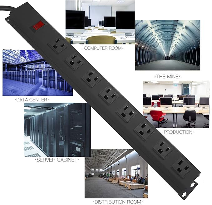 2Pack Metal 8 Outlet Mountable Power Strip, Wall Mount Outlet Heavy Duty, Wide Spaced Commercial Shop Power Strip with Switch, 15 FT SJT 14AWG Power Cord.