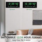 14.1 Inch Oversized LED Digital Wall Clock with Indoor Temperature, Seconds, Date, Day, Memory Function Adapter Included, Wall Decorative for Living Room, Office, Conference Room, Bedroom，Green