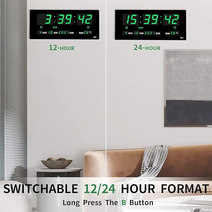 14.1 Inch Oversized LED Digital Wall Clock with Indoor Temperature, Seconds, Date, Day, Memory Function Adapter Included, Wall Decorative for Living Room, Office, Conference Room, Bedroom，Green