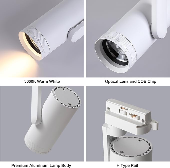 LED 12W Dimmable Track Lighting Heads with 10° to 55° Adjustable Beam Angle H Type 97 CRI 3000K Warm White Ceiling Spotlight for Accent Task Art, 1080lm, White, 4 Pcs