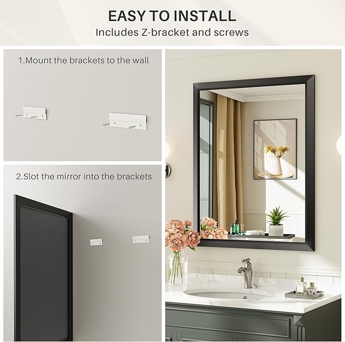 48x32 Inch Black Bathroom Mirror for Wall, Thick Metal Framed Rectangle Mirrors for Over Sink, Bedroom, Living Room, Entryway, Anti-Rust, HD Tempered Glass